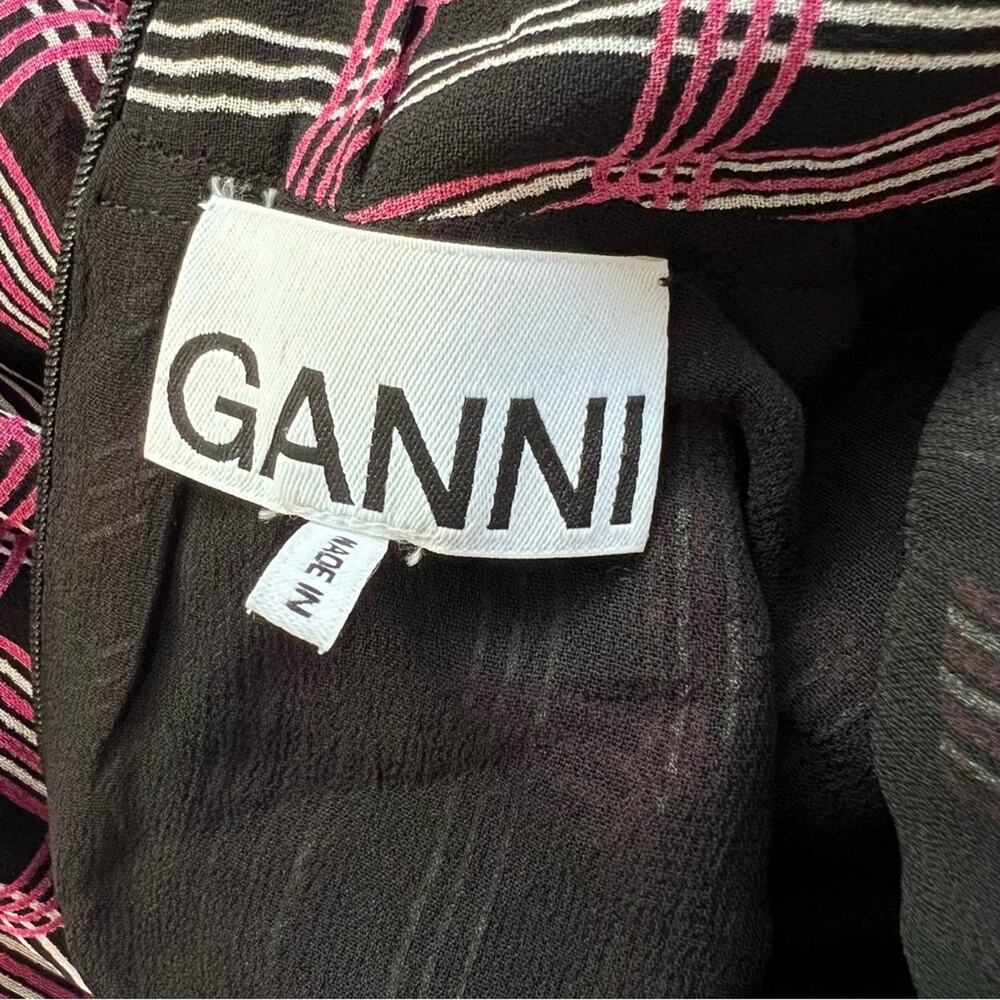 NEW Ganni Plaid Check Georgette Mock Neck Midi Dress Long Sleeves Sz 34/XS - Picture 7 of 9